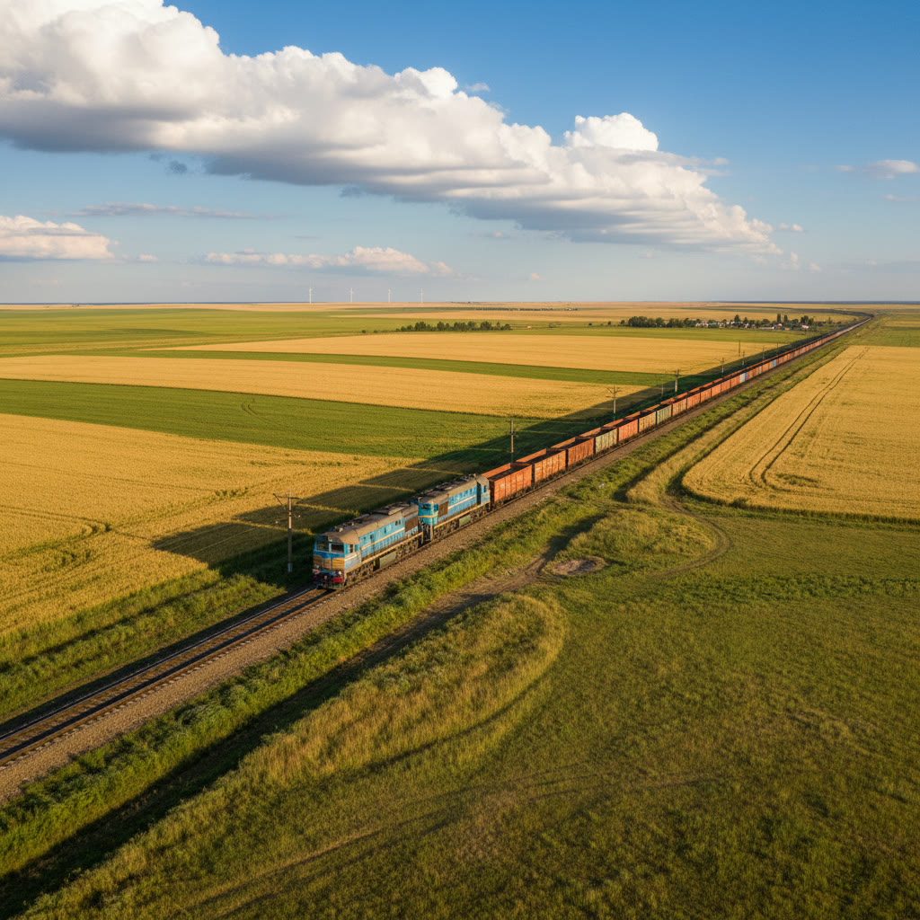 Railway freight train transporting grain from Kazakhstan across Central Asia